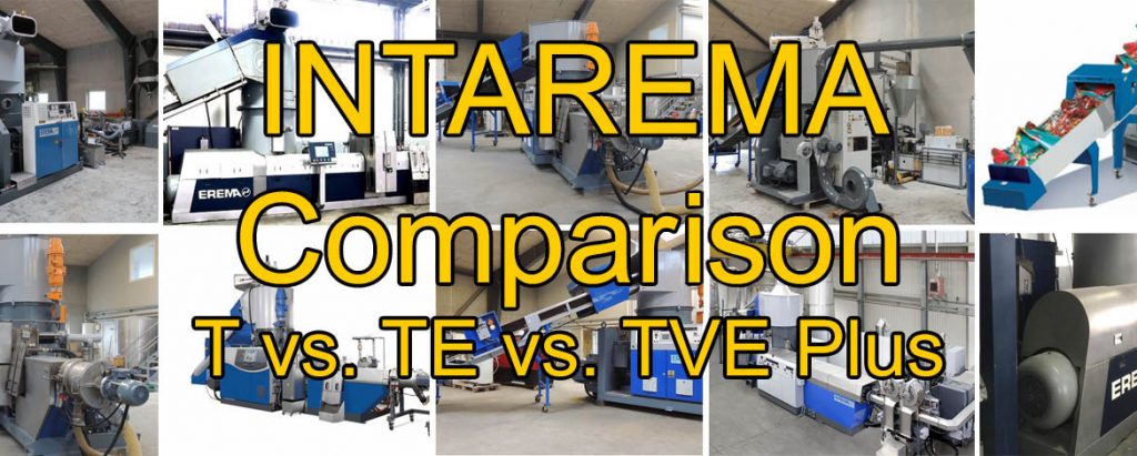 Intarema recycing line models comparison. Difference between T, TE, and TEVPlus. Used Erema machines avaiable from Euro Machinery.